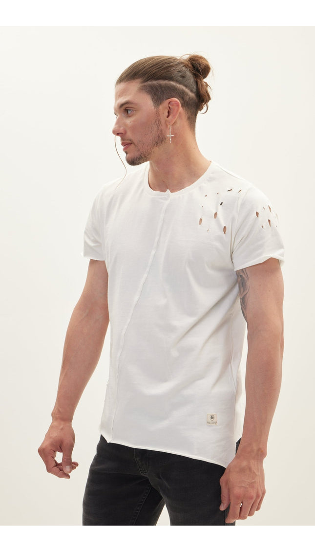 Asymmetric Stitched Distorted T-Shirt - Off White - Ron Tomson