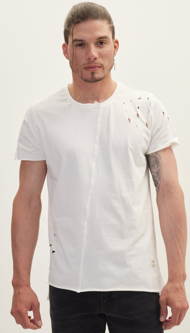 Asymmetric Stitched Distorted T-Shirt - Off White - Ron Tomson