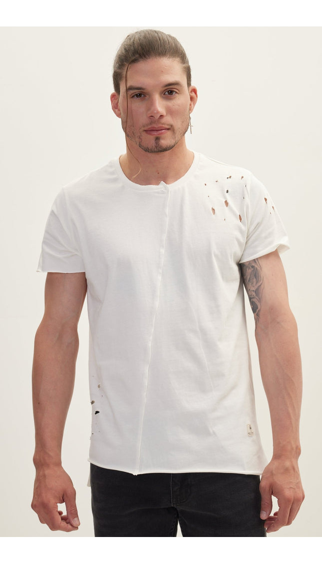 Asymmetric Stitched Distorted T-Shirt - Off White - Ron Tomson