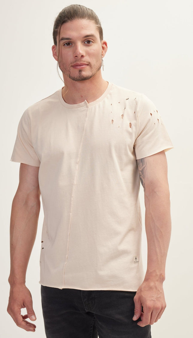 Asymmetric Stitched Distorted T-Shirt - Stone - Ron Tomson