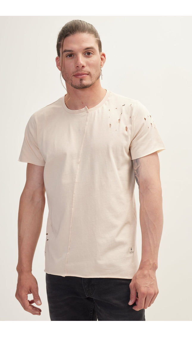 Asymmetric Stitched Distorted T-Shirt - Stone - Ron Tomson