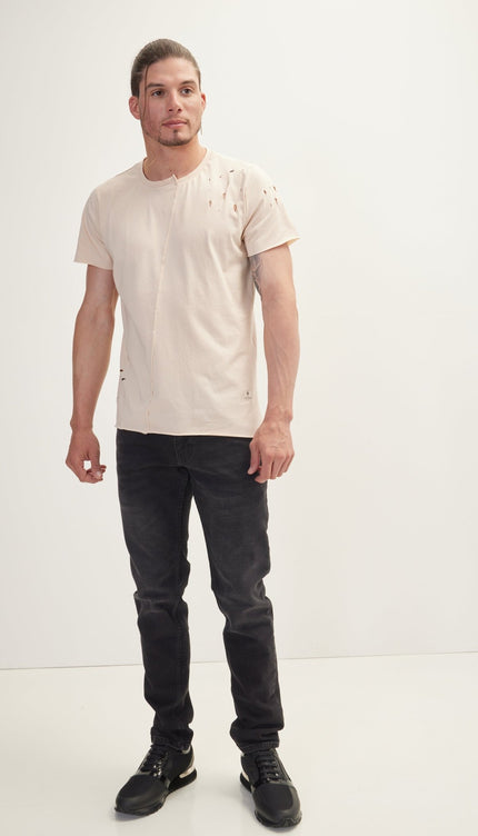 Asymmetric Stitched Distorted T-Shirt - Stone - Ron Tomson