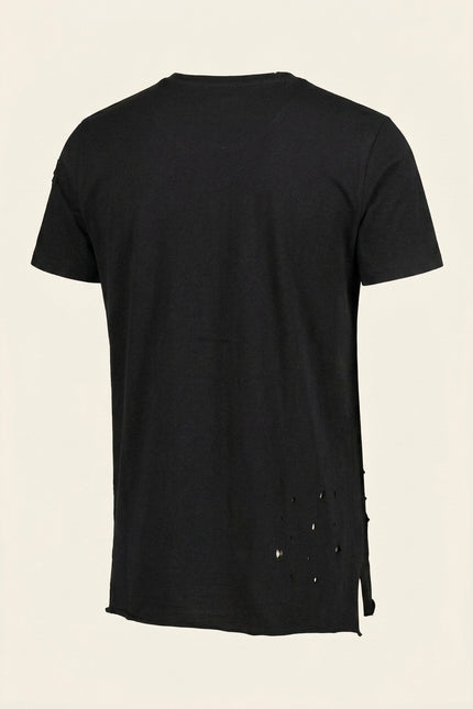 Asymmetric Stitched Distressed T-Shirt - Black - Back