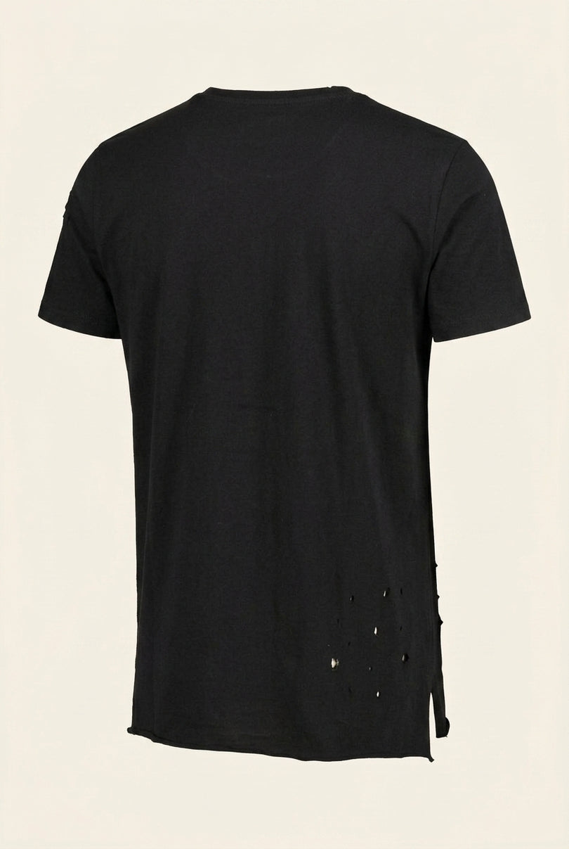 Asymmetric Stitched Distressed T-Shirt - Black - Back