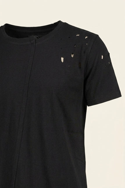 Asymmetric Stitched Distressed T-Shirt - Black - Detail