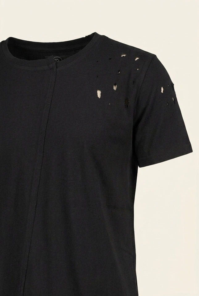 Asymmetric Stitched Distressed T-Shirt - Black - Detail
