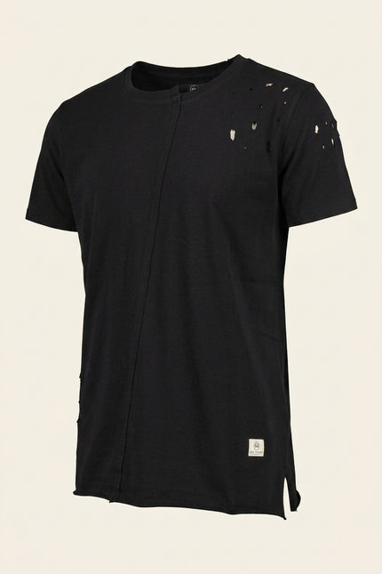 Asymmetric Stitched Distressed T-Shirt - Black - Front