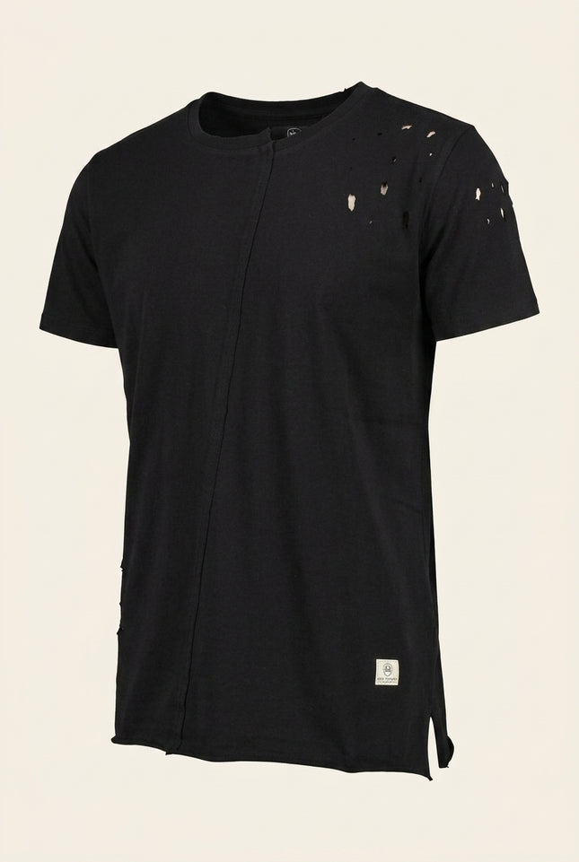 Asymmetric Stitched Distressed T-Shirt - Black - Front