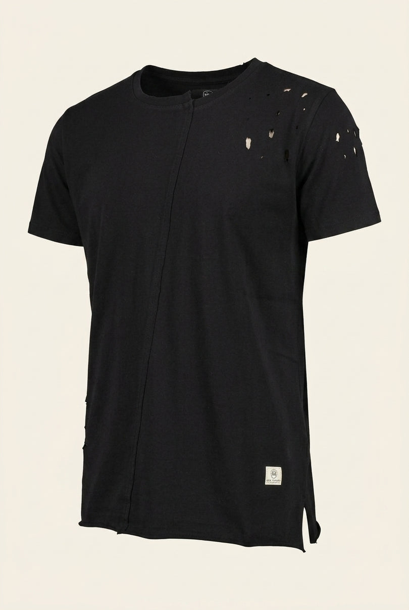 Asymmetric Stitched Distressed T-Shirt - Black - Front