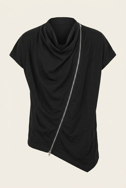 Men's Asymmetric Zipper Cotton Tee - Black | Ron Tomson