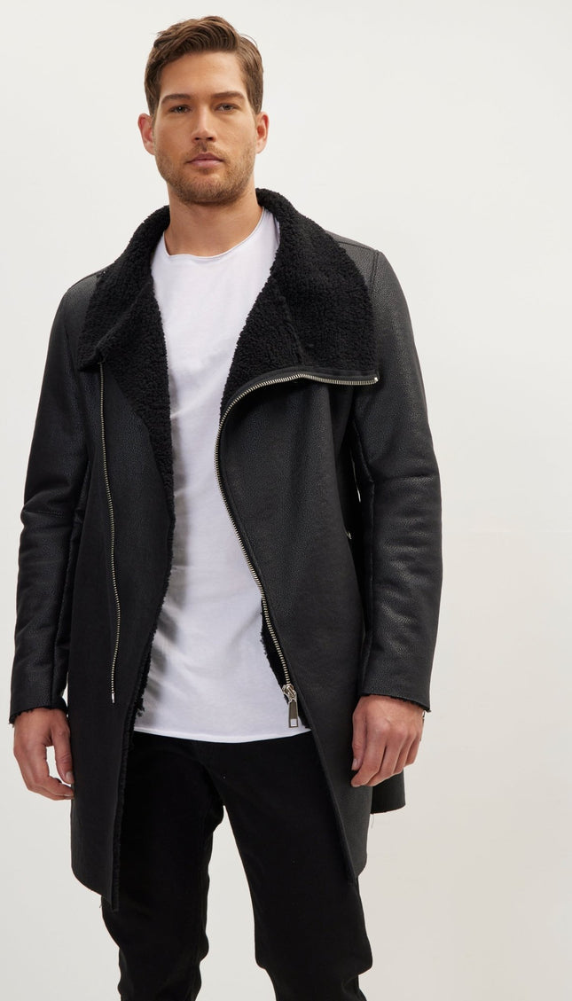 Asymmetrical Closure Vegan Shearling Coat - Ron Tomson