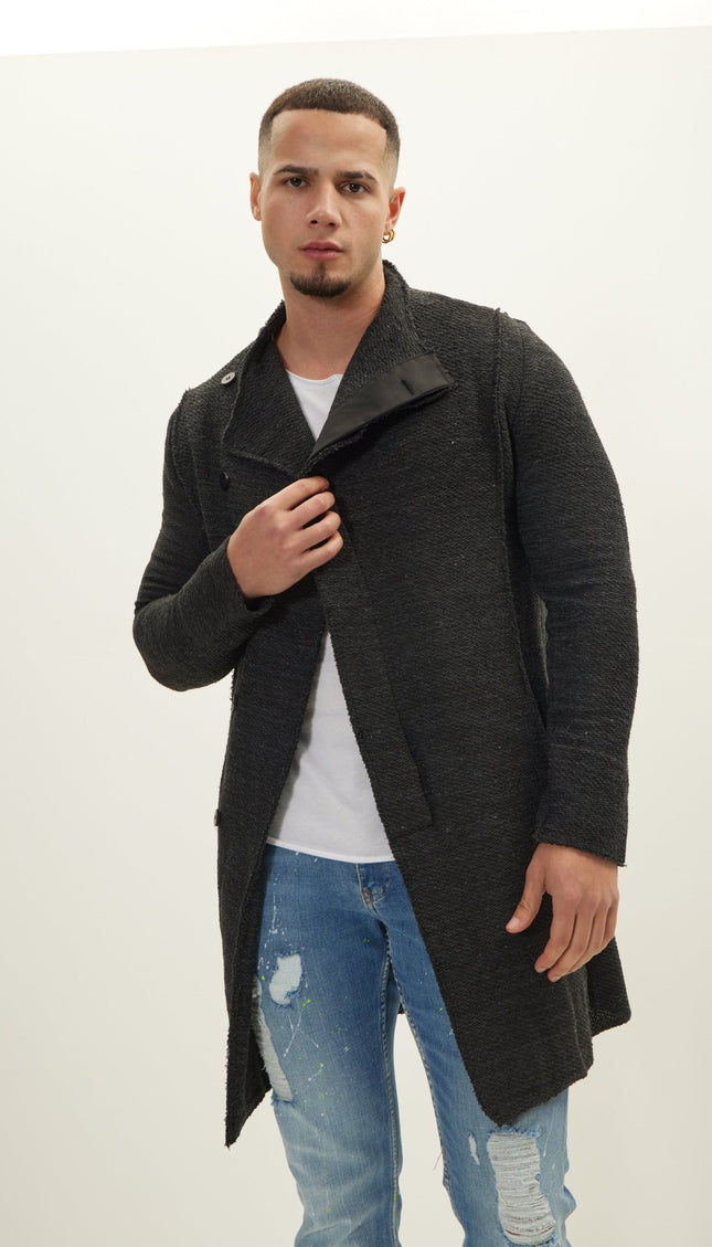 Asymmetrical Hidden Placket Button Closure Cardigan - Anthracite Black - Ron Tomson