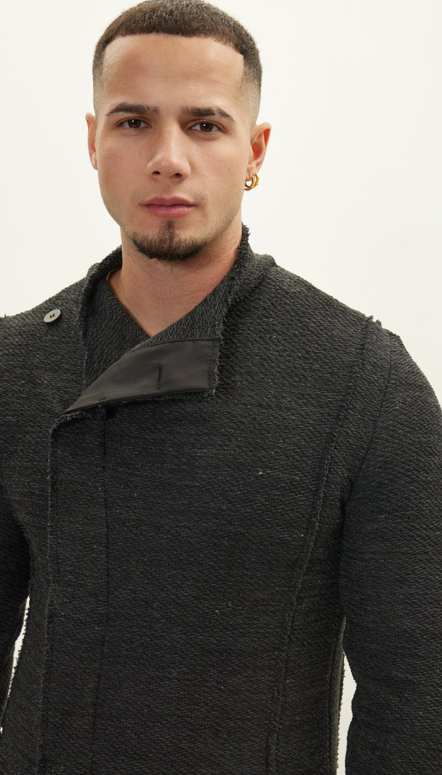 Asymmetrical Hidden Placket Button Closure Cardigan - Anthracite Black - Ron Tomson