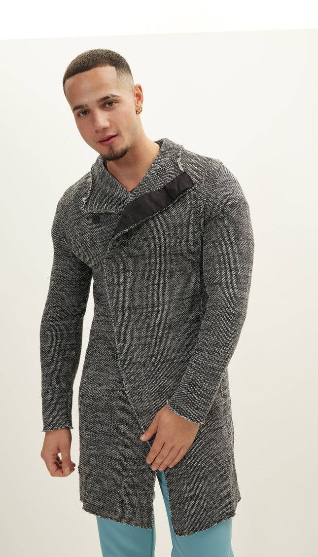 Asymmetrical Hidden Placket Button Closure Cardigan - Black White - Ron Tomson