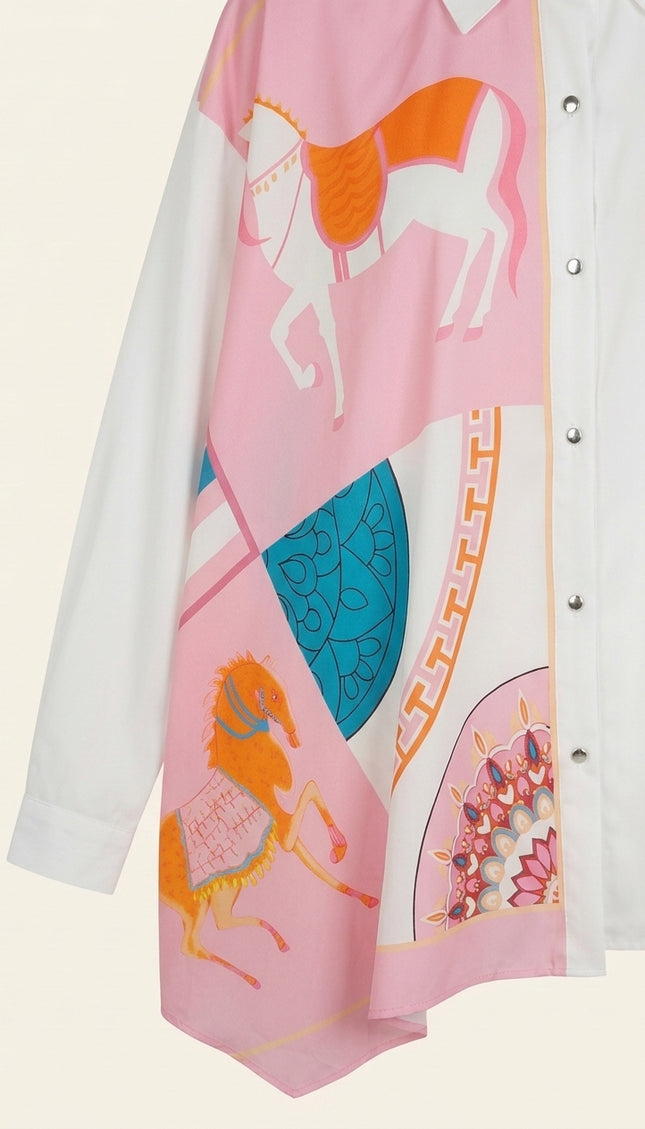 Asymmetrical Print Shirt - White Pink - Detail
