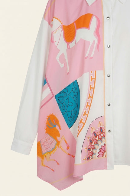 Asymmetrical Print Shirt - White Pink - Detail