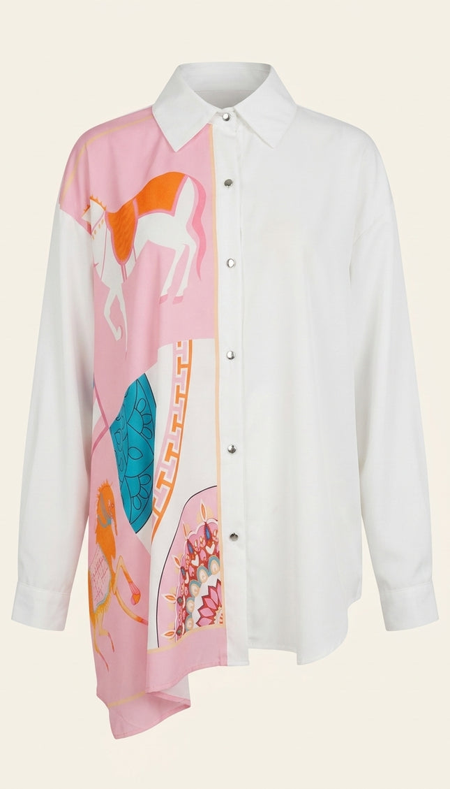 Asymmetrical Print Shirt - White Pink - Front