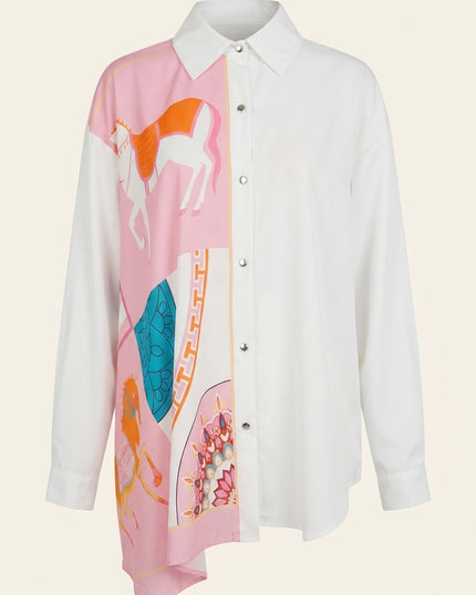 Asymmetrical Print Shirt - White Pink - Front