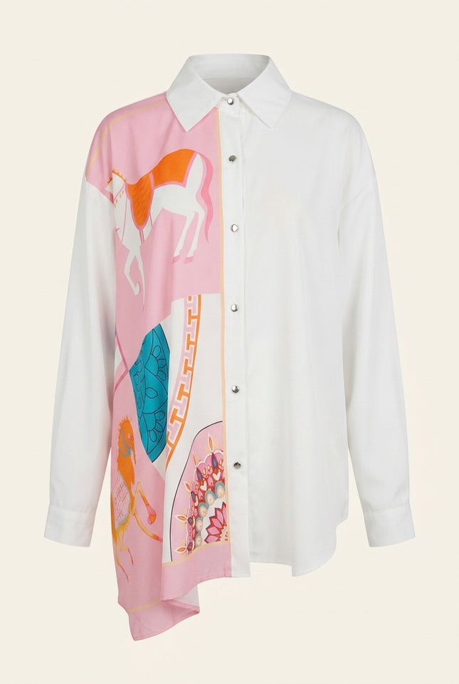Asymmetrical Print Shirt - White Pink - Front