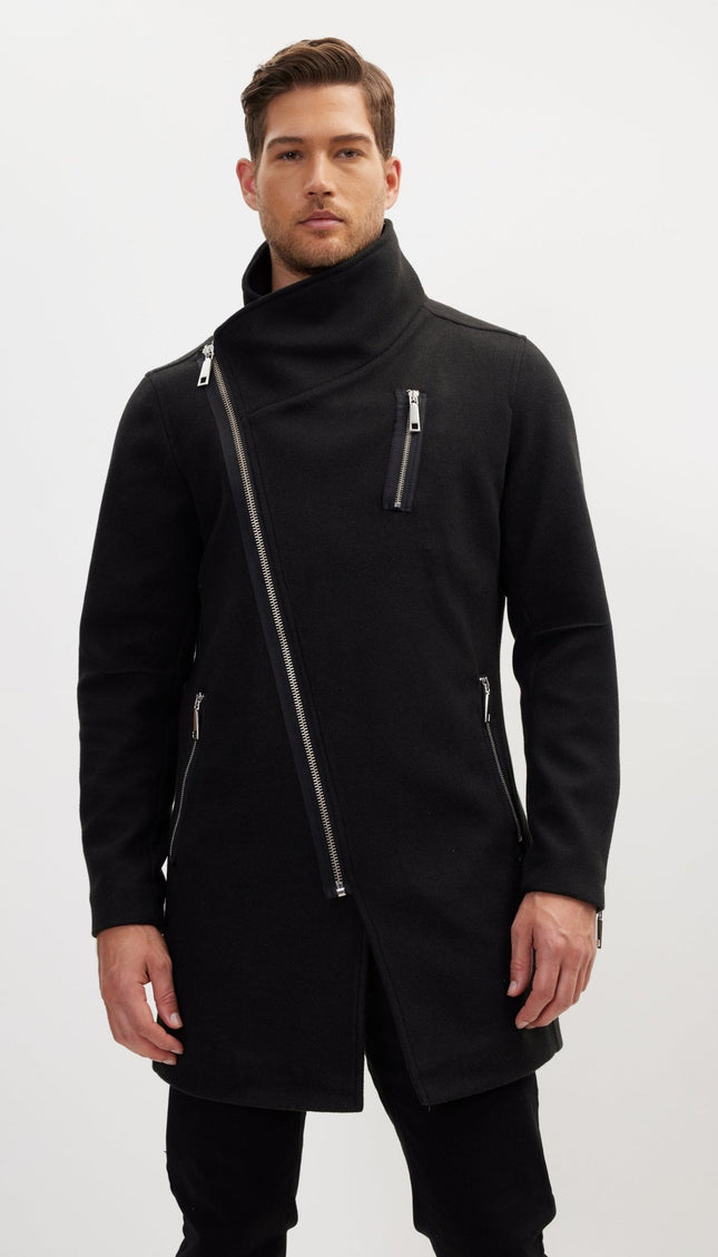 Asymmetrical Zipper Closure Coat - Black - Ron Tomson