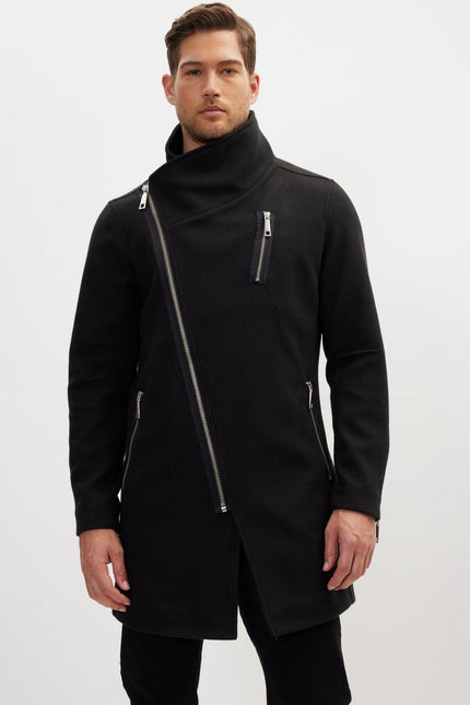 Asymmetrical Zipper Closure Coat - Black - Ron Tomson