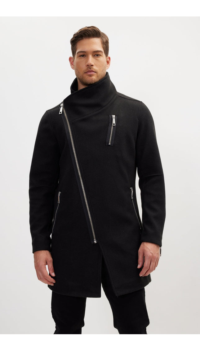 Asymmetrical Zipper Closure Coat - Black - Ron Tomson