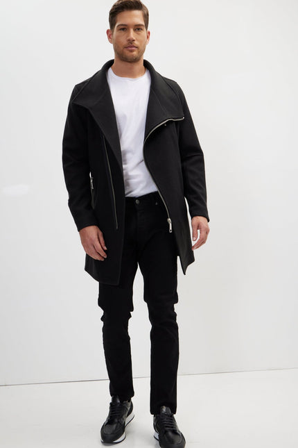 Asymmetrical Zipper Closure Coat - Black - Ron Tomson