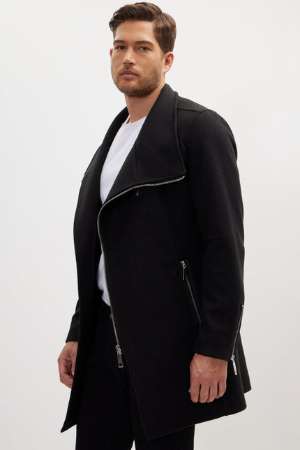 Asymmetrical Zipper Closure Coat - Black - Ron Tomson