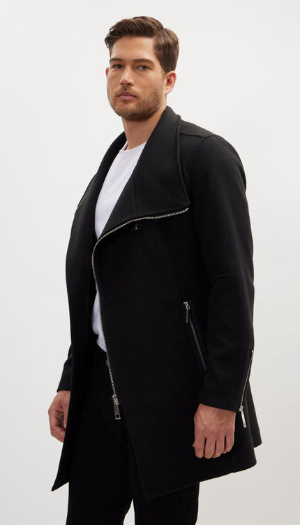 Asymmetrical Zipper Closure Coat - Black - Ron Tomson