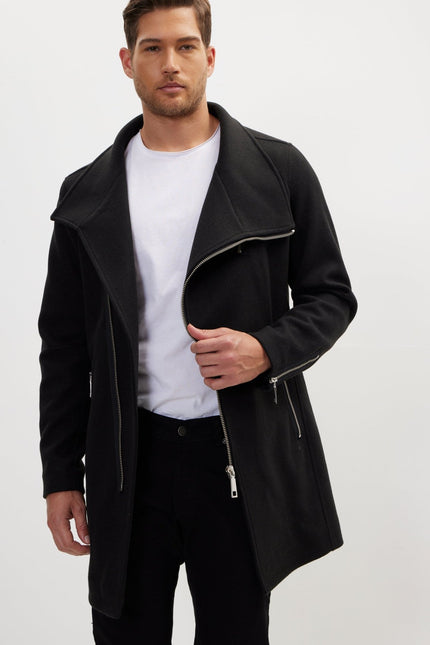 Asymmetrical Zipper Closure Coat - Black - Ron Tomson