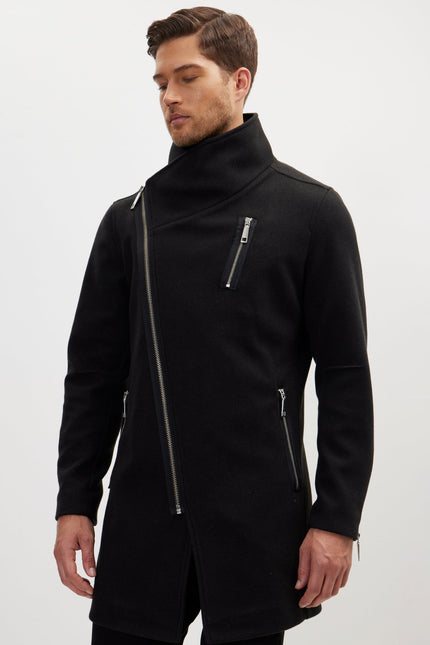 Asymmetrical Zipper Closure Coat - Black - Ron Tomson