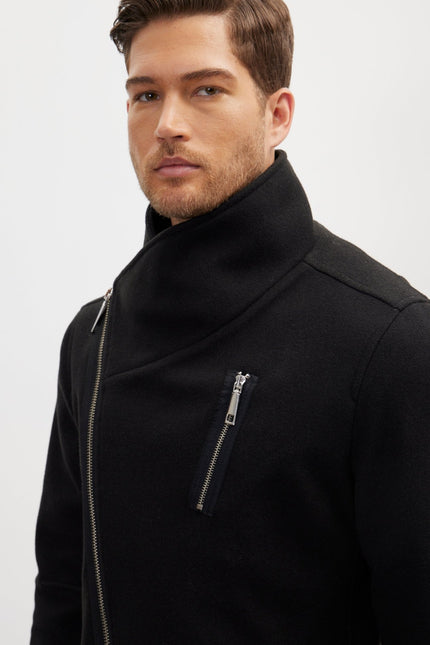 Asymmetrical Zipper Closure Coat - Black - Ron Tomson