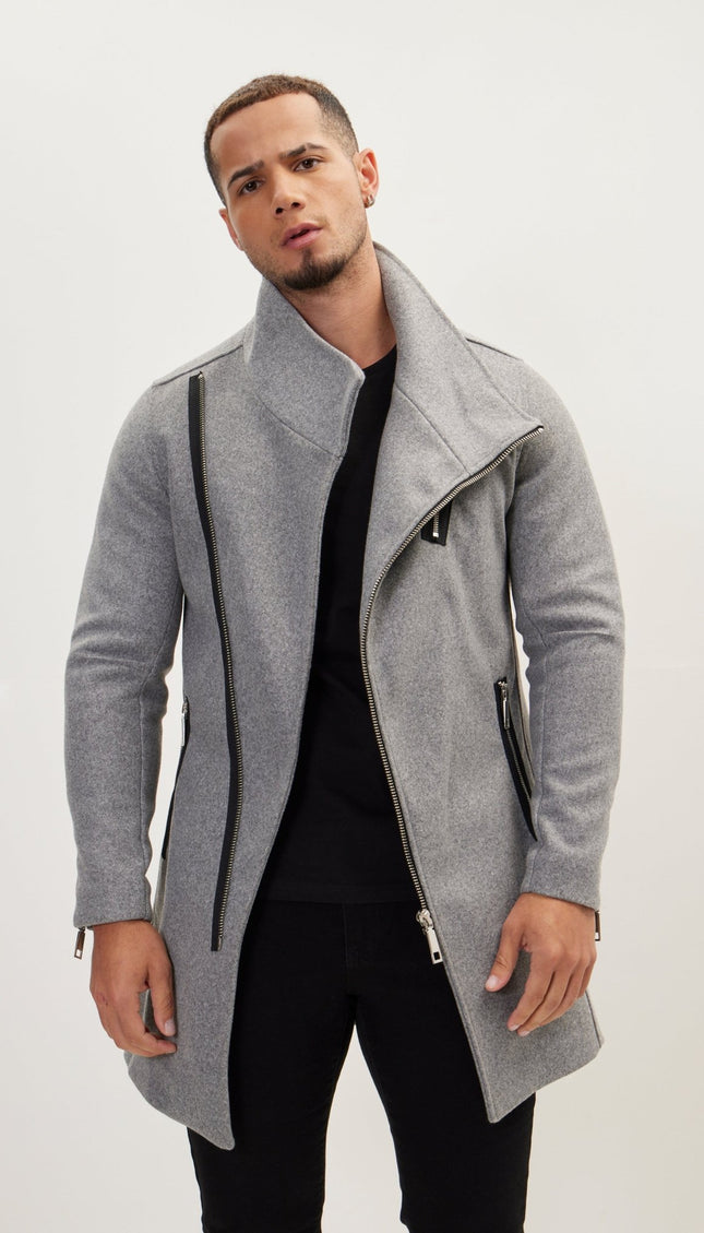 Asymmetrical Zipper Closure Coat - Grey - Ron Tomson