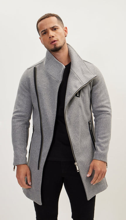 Asymmetrical Zipper Closure Coat - Grey - Ron Tomson