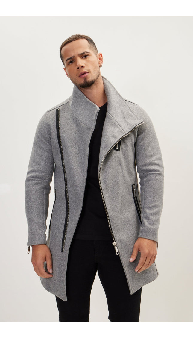 Asymmetrical Zipper Closure Coat - Grey - Ron Tomson