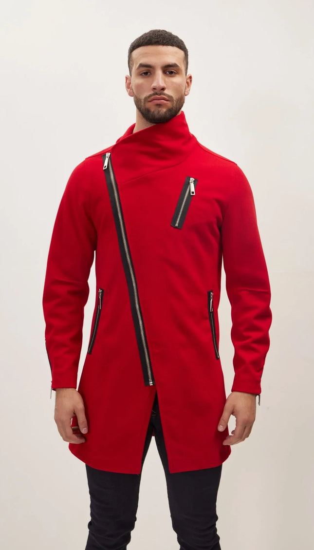 Asymmetrical Zipper Closure Coat - Red - Ron Tomson