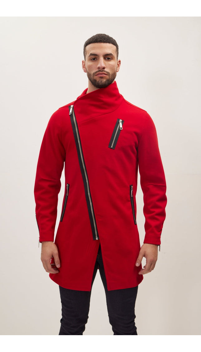 Asymmetrical Zipper Closure Coat - Red - Ron Tomson