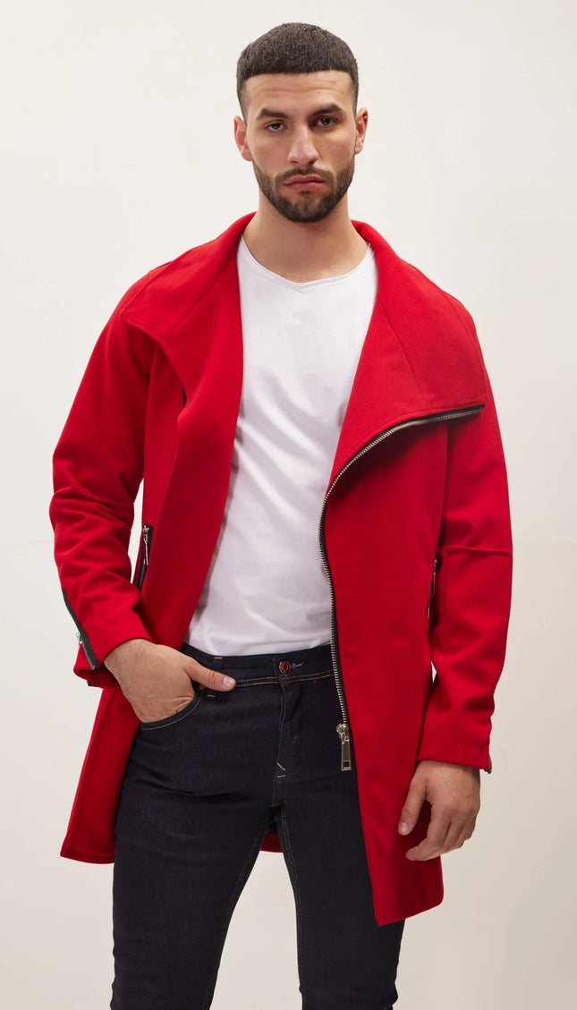 Asymmetrical Zipper Closure Coat - Red - Ron Tomson