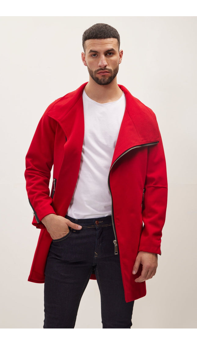 Asymmetrical Zipper Closure Coat - Red - Ron Tomson