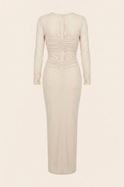 Long Sleeve Laced Dress - Beige - Back