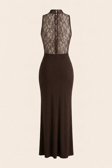 Sleeveless Lace Dress - Brown - Back