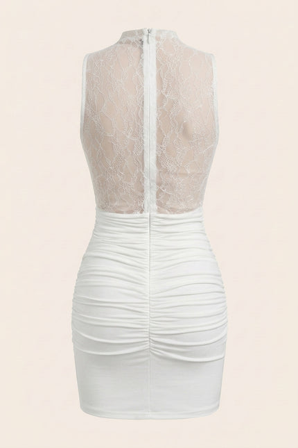 Lace and Stretch Short Dress - White - Back