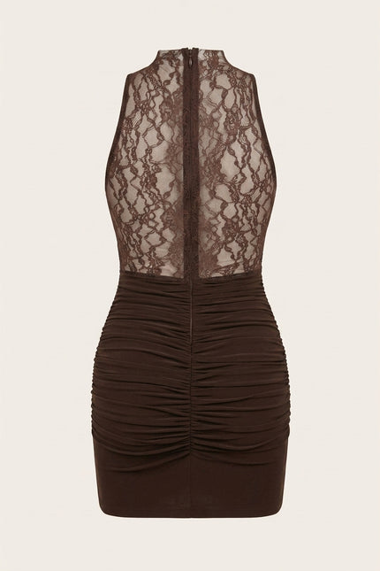 Lace and Stretch Short Dress - Brown - Back