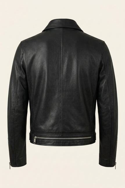 Belted Lambskin Leather Bomber Jacket - Black - Back