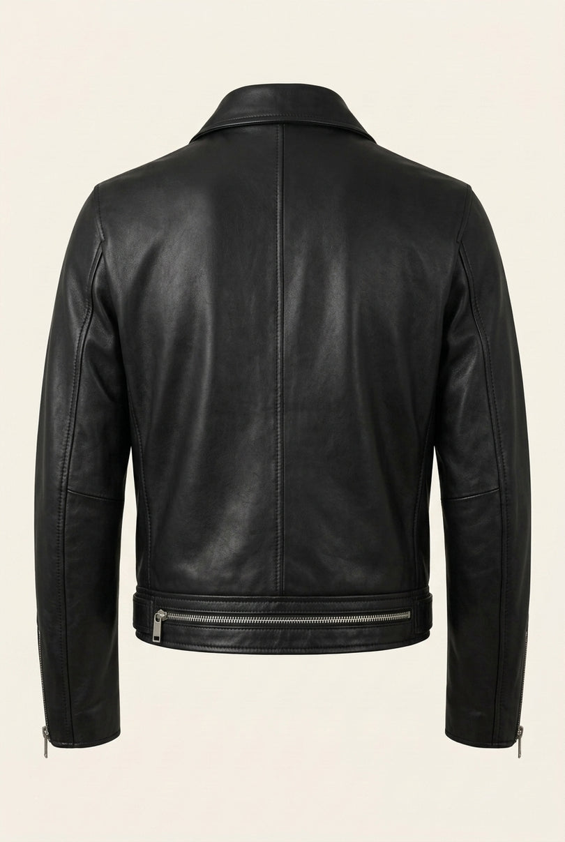 Belted Lambskin Leather Bomber Jacket - Black - Back