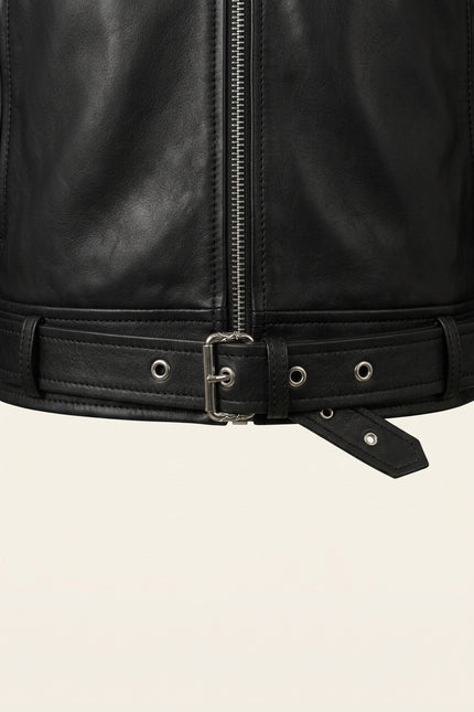 Belted Lambskin Leather Bomber Jacket - Black - Detail