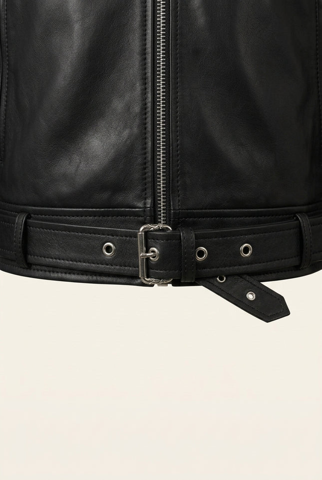 Belted Lambskin Leather Bomber Jacket - Black - Detail