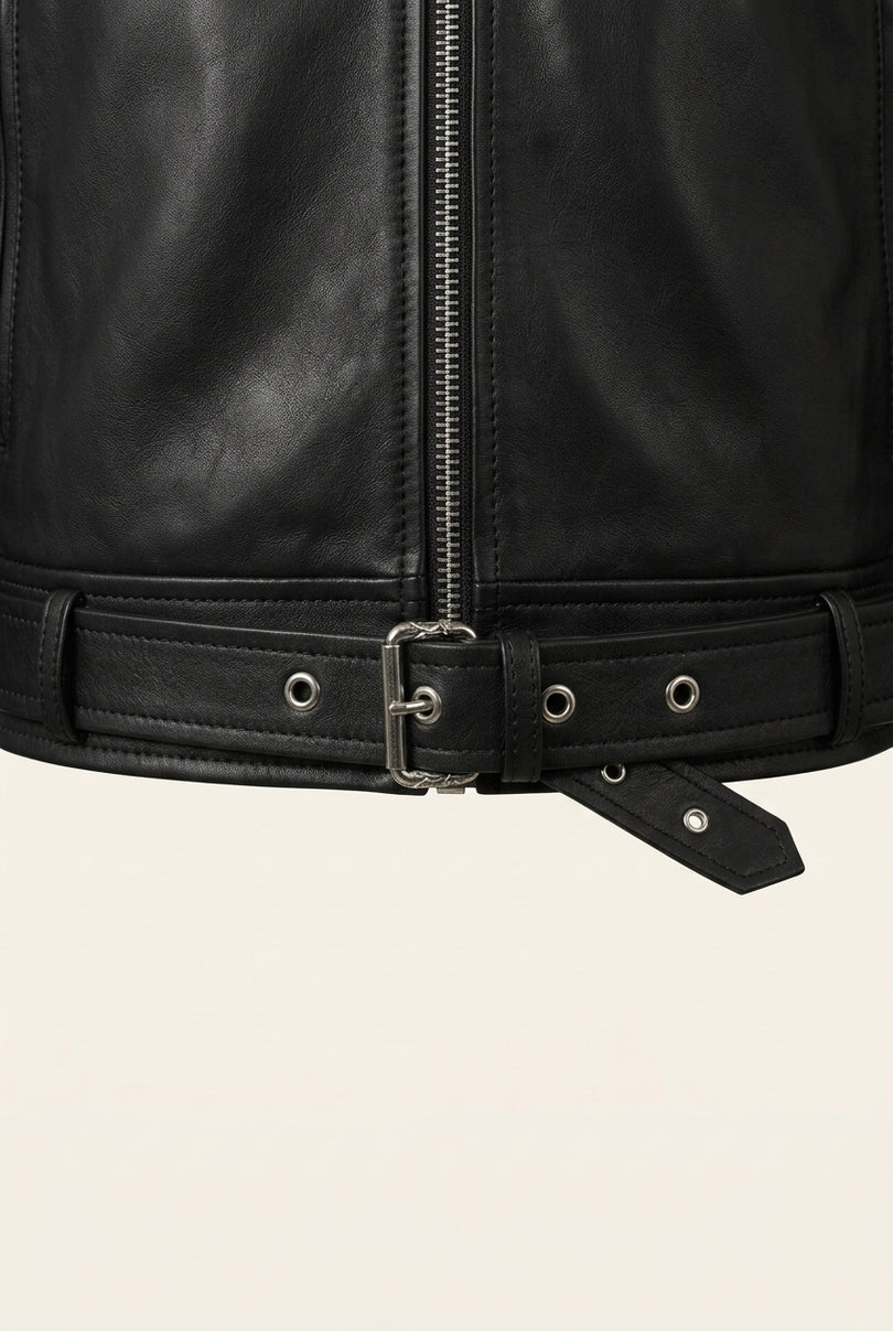 Belted Lambskin Leather Bomber Jacket - Black - Detail