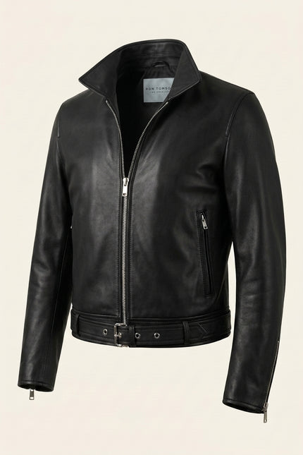 Belted Lambskin Leather Bomber Jacket - Black - Front (Alt)
