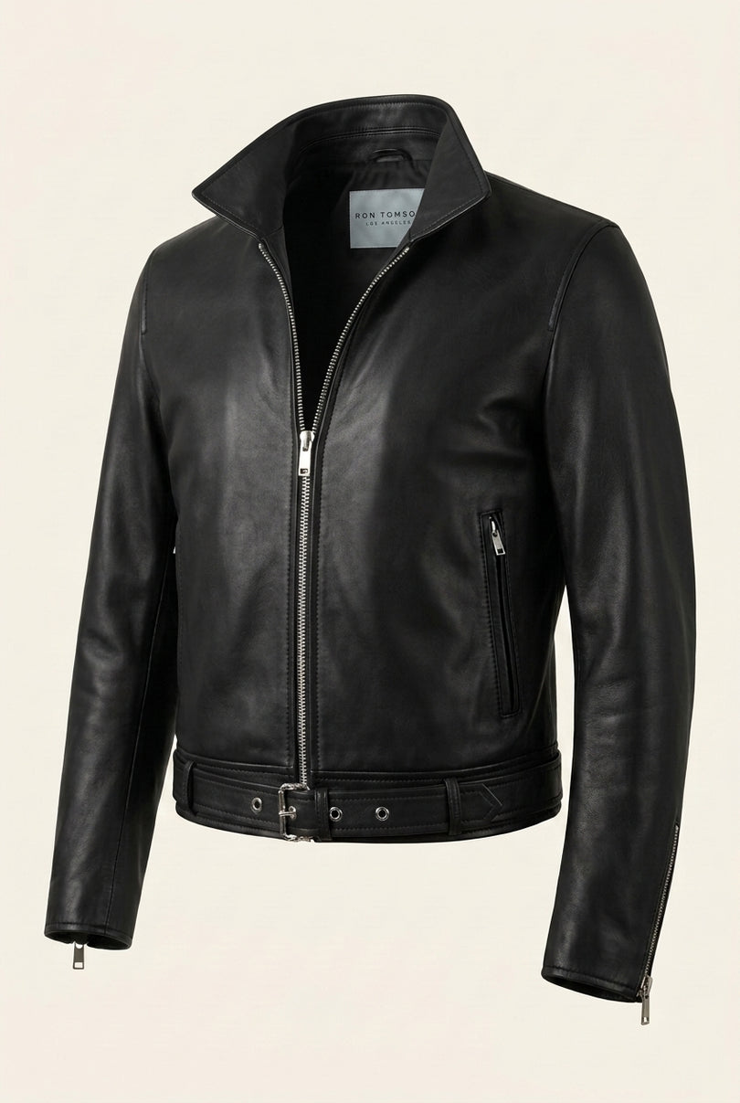 Belted Lambskin Leather Bomber Jacket - Black - Front (Alt)